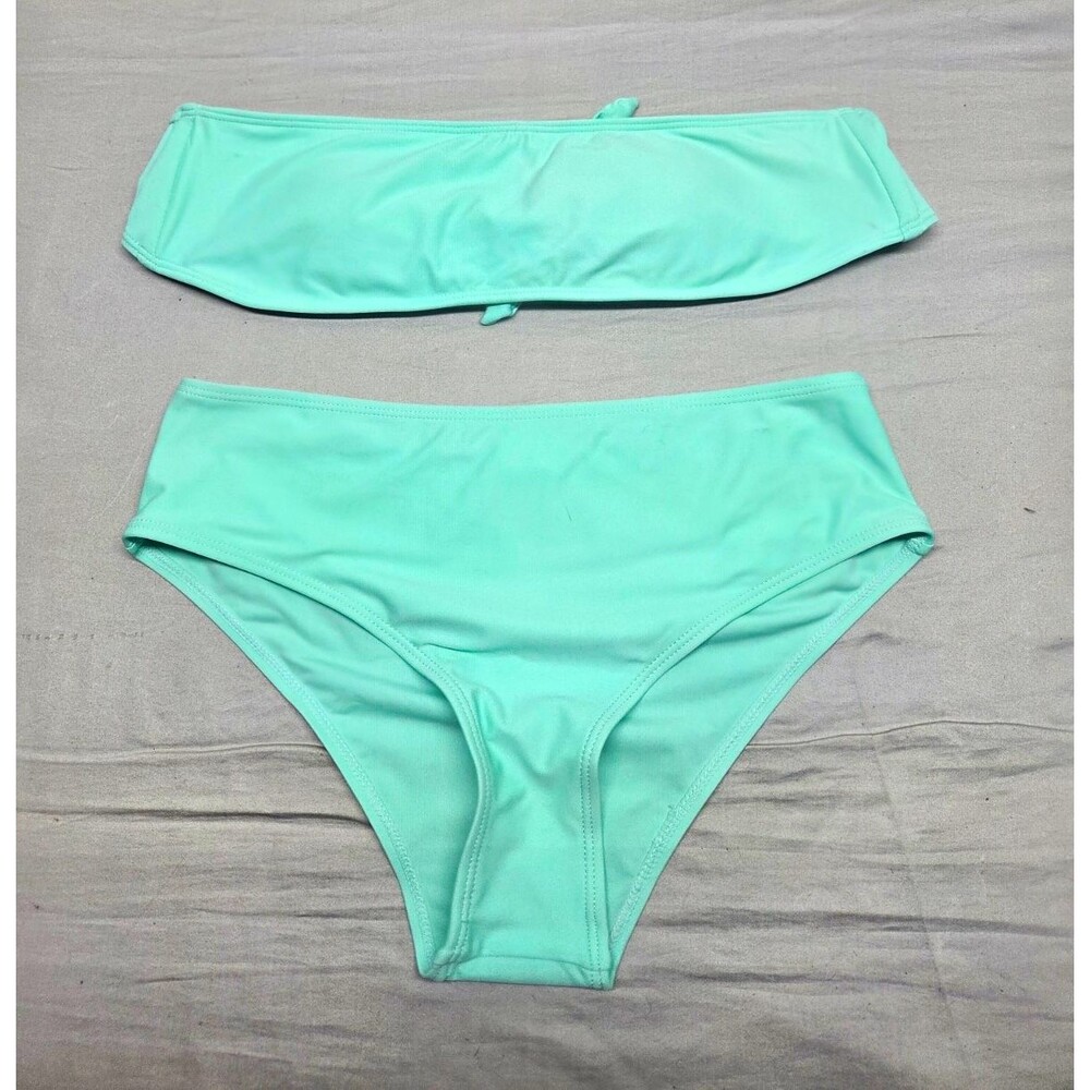 Women’s Solid Green Bandeau Strapless Bikini 2-Piece Tie Lined Stretch M